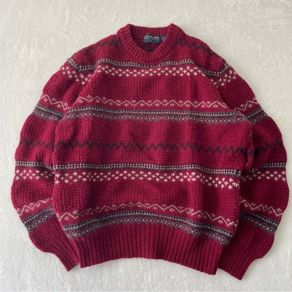 Vintage Van Heusen Fair Isle Wool Blend Sweater Red Nordic Cozy Size L Grandpa